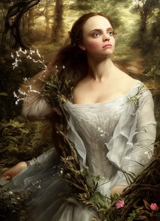 Prompt: Beautiful elsa, Looks like Christina Ricci, In the woods, Dramatic, Edge, Good, Infused, Backlight, De-Noise, VFX, insanely detailed and intricate, hypermaximalist, elegant, ornate, hyper realistic, super detailed, by Anthony Van Dyck, by Ivan Shishkin, by John Constable