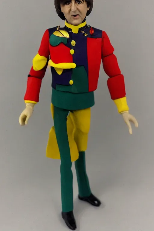 Prompt: action figure of Paul McCartney Sergeant Pepper's Lonely Hearts Club Band outfit released in 1972 vintage, vintage toy, inbox, eBay listing, HD photo