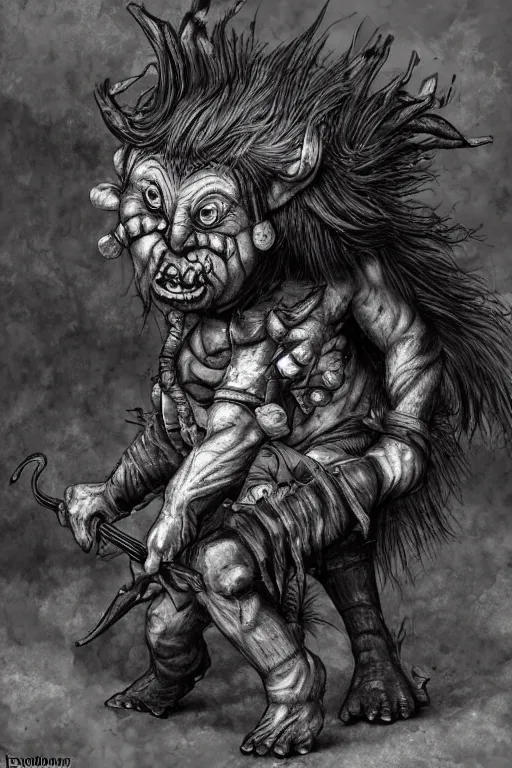 Image similar to hunched troll with a horn on his head, fantasy, highly detailed, digital art, sharp focus, trending on art station, kentaro miura manga art style