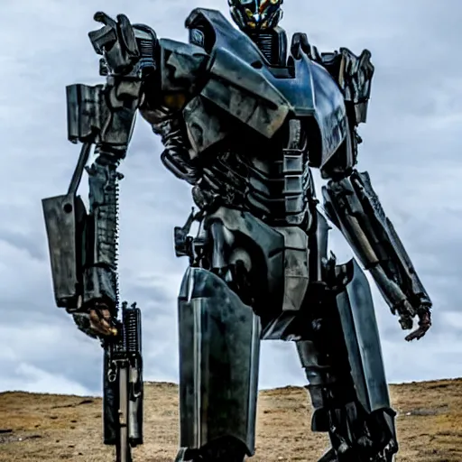 Image similar to cinematic still in westworld and real steel movie and pacific rim movie, one slim full body ornate armored core with sci - fi rifle arms by fujioka kenki and by mamoru nagano,