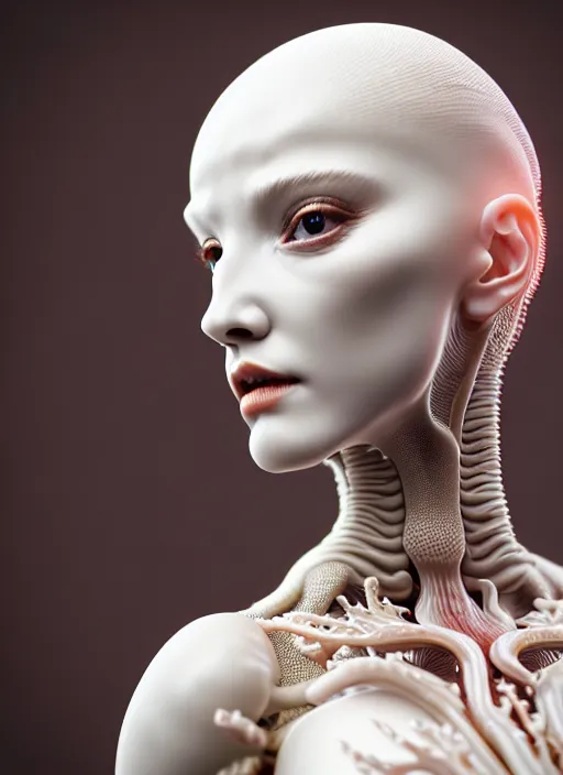 Image similar to intricate hyper detailed ultra sharp focus front shot 3 d render of a beautiful porcelain ivory woman, sharp focus, close - up, f 2. 8 1 5 0 mm natural light, elegant bionic haute couture cyberpunk mechanical red fractal mushroom corals, white mycelum and fungi head ornaments, alexandre ferra, octane render, volumetric cinematic lighting, 8 k,