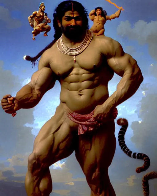 Image similar to amazing lifelike award winning realistic illustration of Angry muscular hindu God Shiva spewing fire from mouth wearing tiger skin in style of William-Adolphe Bouguereau, shiva body builder, blue skin, pumped biceps and abs, hypermuscular, trending on artstation, artgerm, Greg rutkowski, alphonse mucha, cinematic, epic Lighting, photorealistic, Octane render, Unreal Engine, Art nouveau