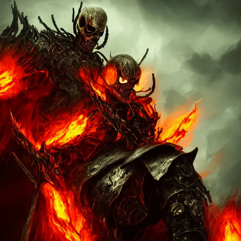 Image similar to Ghost Rider, flaming grim reaper, demons of hell, the pits of hell, headshot photo, character concept, dark souls concept art, Feng Zhu concept art, dramatic lighting, highly stylized, trending on artstation, high-quality wallpaper, desktopography