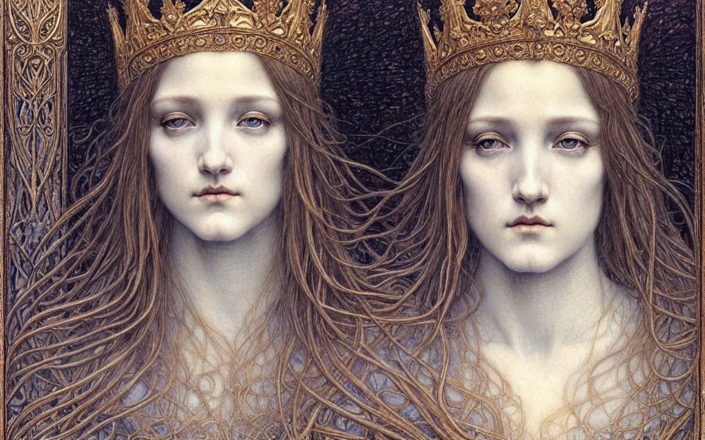 Image similar to detailed realistic beautiful young medieval queen face portrait by jean delville, gustave dore and marco mazzoni, art nouveau, symbolist, visionary, gothic, pre - raphaelite. horizontal symmetry