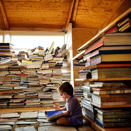 Prompt: a young boy reading a book in a shoddy log cabing full of books; motes of dust can be seen in the sunlight filtering through gaps in the roof; the books are scattered without any apparent organization in piles and shelves everywhere with barely the space to walk around; not that there are that many books, the place is just really small