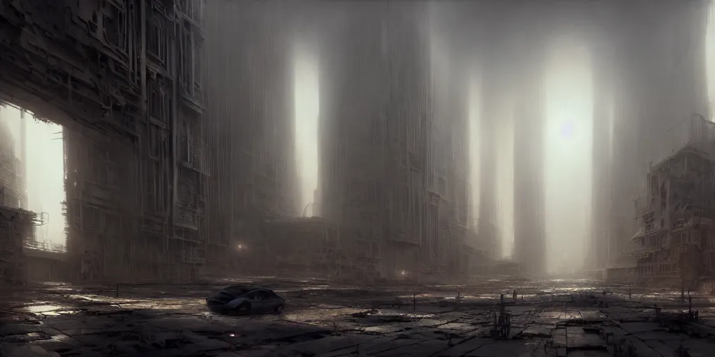 Image similar to an abandoned dystopian city, by federico pelat and craig mullins, parametric architecture, by michael weisheim beresin and james paick and stephan martiniere, concept art, hyperrealism, 8 k resolution, octane render, cinematic, ominous, intricate details, volumetric lighting, misty