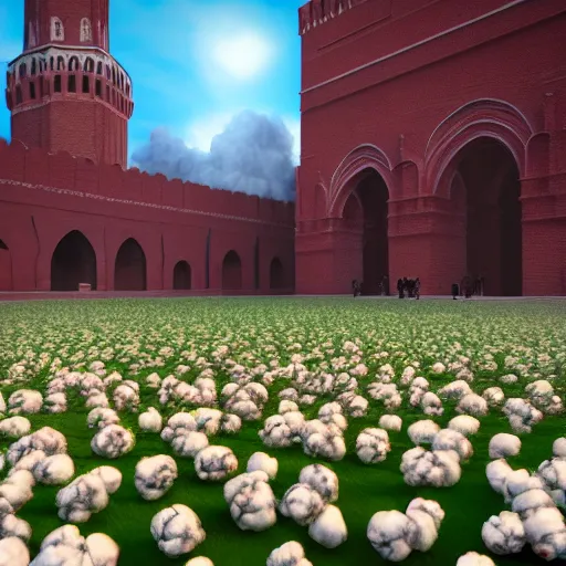 Image similar to a big explosion in the form of cotton plant in Red Square Kremlin, horrifying dynamic lighting, cinematic, extremely high detail, photo realistic, cinematic lighting, post processed, concept art, artstation, matte painting, unreal engine 8k