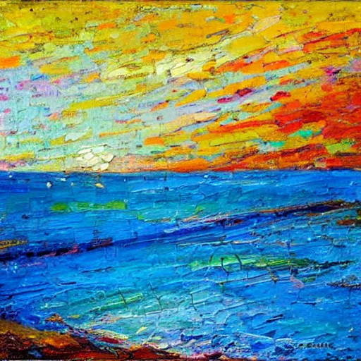 Prompt: a beach in western australia, modern, impressionist, highly textured landscape, palette knife, layered, sculptured, dynamic, acrylic paint on canvas