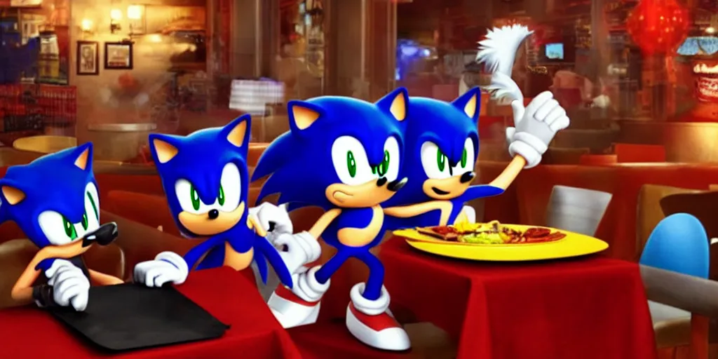 Prompt: A render of Sonic the Hedgehog sitting across from Shadow the Hedgehog at a restaurant, Sonic looks like he is shocked, Shadow is looking away in disgust, they both have hamburgers in front of them on a plate, movie, HDR, moody lighting, unique camera angle