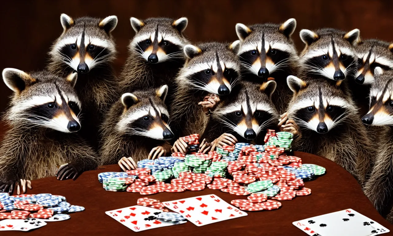 Prompt: three raccoons playing poker at a dinner table, a flash photograph