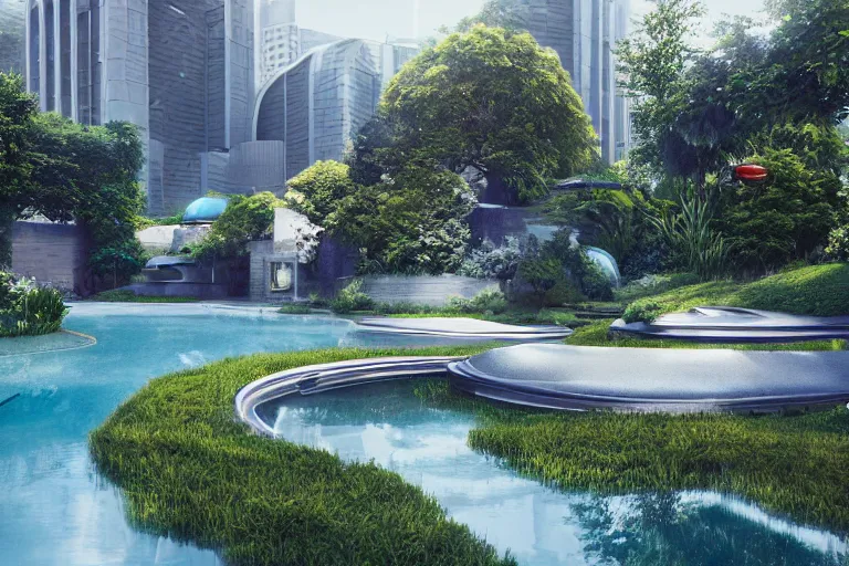 Prompt: serene garden with pool and rounded futuristic housing in the background, hyper realistic, ambient lighting, concept art, intricate, hyper detailed, smooth, dynamic volumetric lighting, octane, raytrace, cinematic, high quality, high resolution, 4 k, cgsociety, rutkowski, gurney