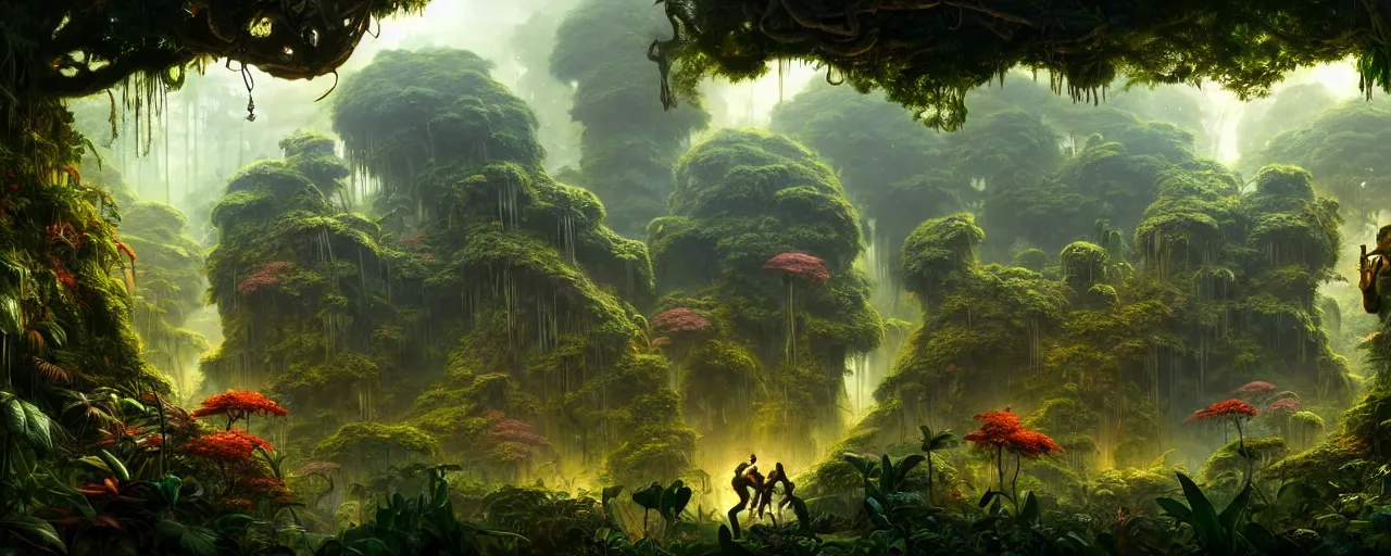 Prompt: A multidimensional overgrown fantasy jungle, screenshot from hidden object game, cinematic lighting, epic composition, cartoon, animation, background art, post processing, 8K resolution, elegant, highly detailed, digital painting, artstation, concept art, matte, sharp focus, illustration, art by Frank frazetta and moebius, Peter mohrbacher and John William Waterhouse