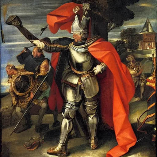 Image similar to donald trump, wearing knight ’ s armor, holding a spectacular broadsword, by annibale carracci, full body