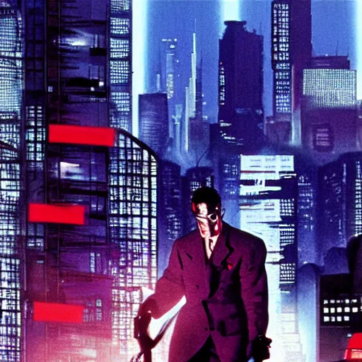 Image similar to Cyberpunk city in American Psycho (1999)