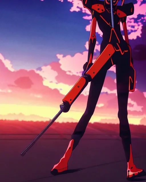 Prompt: anime illustration of black evangelion eva - 0 1 standing on an empty highway holding a steampunk guitar at dawn, cinematic lighting, evangelion anime poster, rebuild of evangelion 1 0 8 0 p, 9 0 s anime aesthetic, volumetric lights, rule of thirds, unreal engine render, pinterest wallpaper, trending on artstation