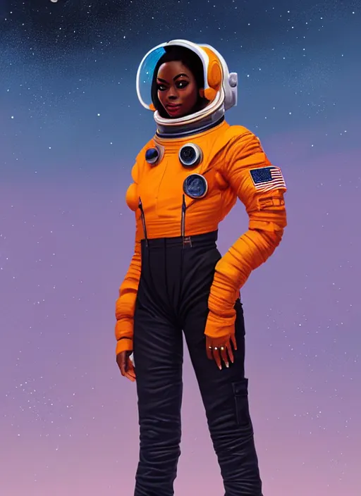 Image similar to full body portrait of young black woman as an astronaut, orange space jumpsuit, intricate, beautiful and elegant, highly detailed, digital painting, artstation, concept art, smooth, sharp focus, illustration, art by wlop, mars ravelo and greg rutkowski