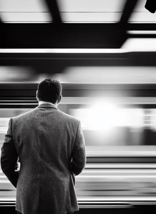 Image similar to a 2 8 mm macro photo from the back of a businessman standing on a train platform, splash art, movie still, bokeh, canon 5 0 mm, cinematic lighting, dramatic, film, photography, golden hour, depth of field, award - winning, anamorphic lens flare, 8 k, hyper detailed, 3 5 mm film grain