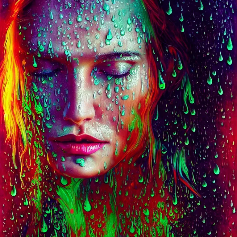 Image similar to bright asthetic portrait of LSD in rain with wet hair and face, liquid, fantasy, intricate, elegant, dramatic lighting, highly detailed, lifelike, photorealistic, digital painting, artstation, illustration, concept art, smooth, sharp focus, art by John Collier and Albert Aublet and Krenz Cushart and Artem Demura and Alphonse Mucha