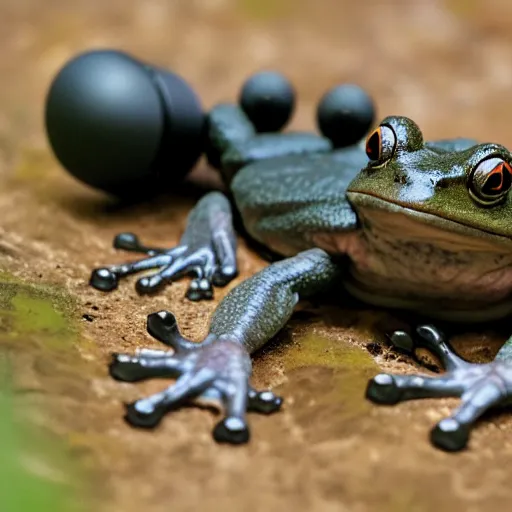 Prompt: photo of a rare frog equipped with m 2 4 9 machine gun and night vision target acquisition system