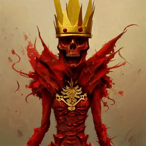 Prompt: A red skeleton with a golden crown in style of greg rutkowski