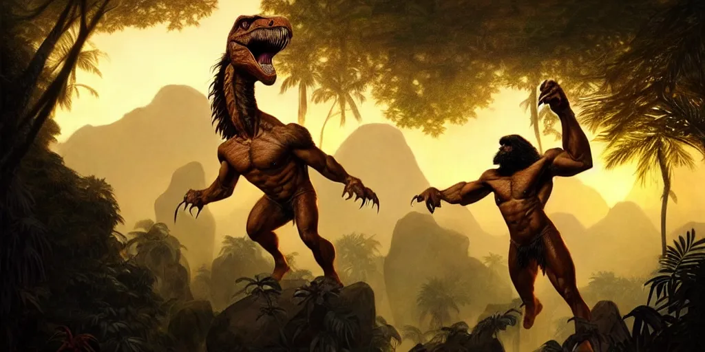 Image similar to a muscular caveman, heroic pose, with a velociraptor, in the jungle, sunset, volumetric light,, eerie, highly detailed, digital painting, artstation, concept art, matte, sharp focus, illustration, art by artgerm and greg rutkowski and alphonse mucha