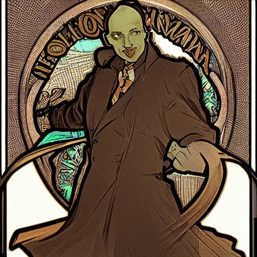 Image similar to cubicle man in the style of alphonse mucha