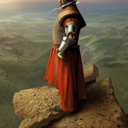 Image similar to full - body pose of a medieval jester standing on a cliff looking out over a vast valley, hyper detailed, bioluminescent, background fortress, digital art, golden, trending in artstation, cinematic lighting, studio quality, smooth render, unreal engine 5 rendered, octane rendered, by karol bak and greg rutkowski, giger, maxim verehin