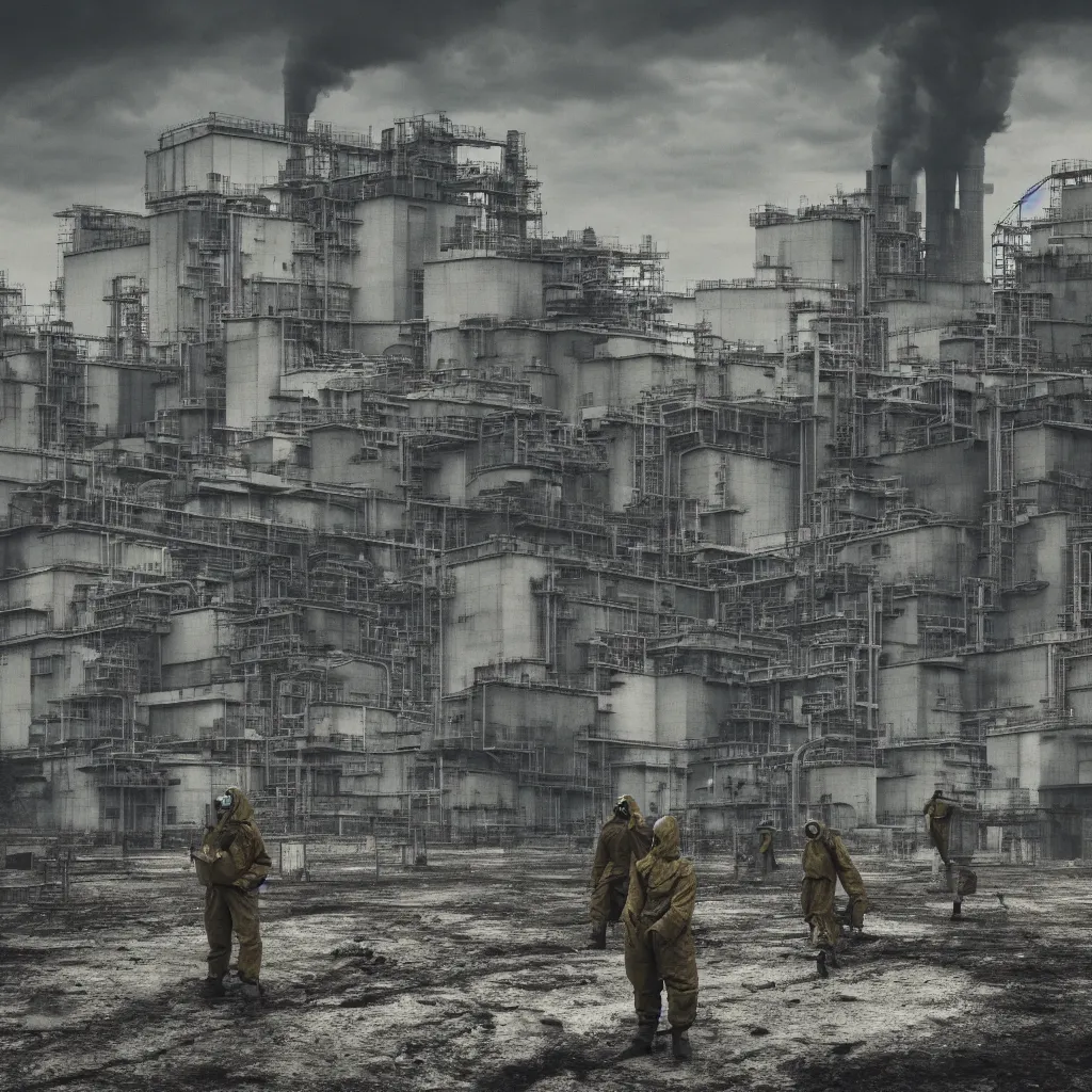 Image similar to radioactive pollution, chornobyl nuclear power plant, people with gas masks, soviet brutalism, dieselpunk, industrial, very detailed, diesel, 4 k