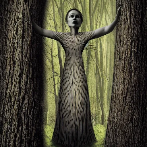 Image similar to Woman grown into a tree, dark, art