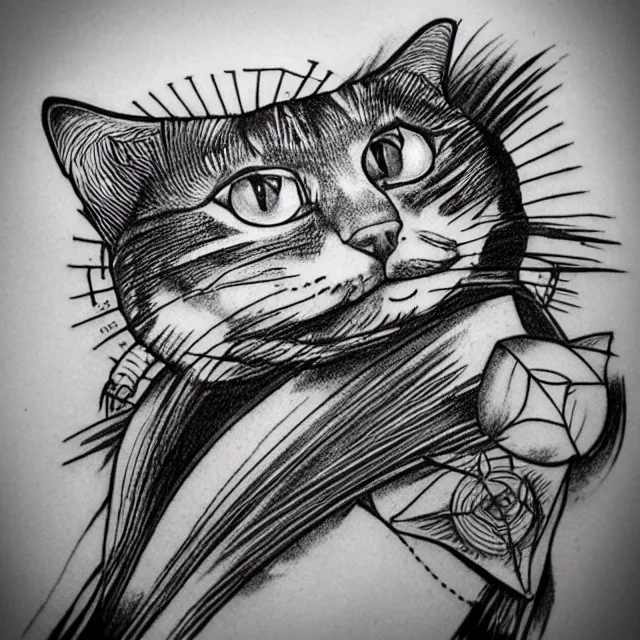 Image similar to tattoo sketch of a cat hugging the sun, on a canva, steampunk style, ornamental, line art, minimalism