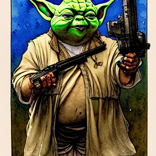 Image similar to a realistic and atmospheric watercolour fantasy character concept art portrait of a fat sleazy homeless chibi yoda wearing a wife beater and holding a glock, by rebecca guay, michael kaluta, charles vess and jean moebius giraud