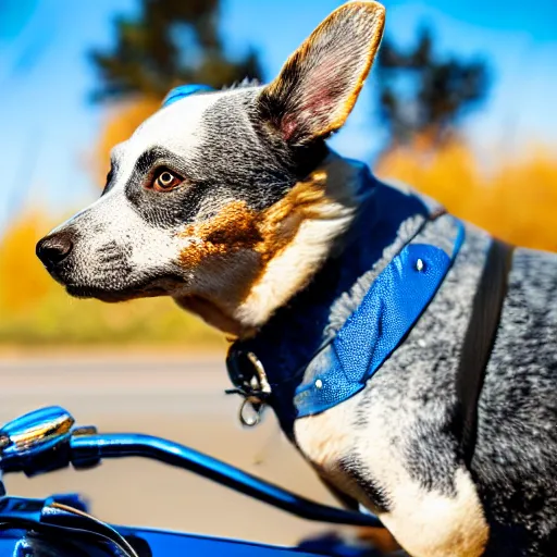 Image similar to blue heeler dog on a motorcycle, 8 k photography, blurred background of a wafflehouse