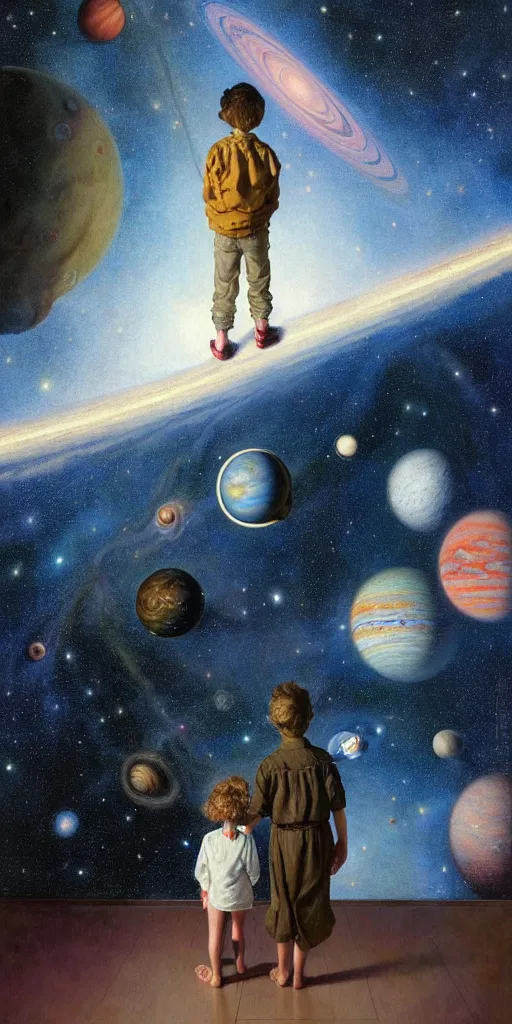 Prompt: one 5 year old boy and one 1 2 year old girl looking at the wall of their bedroom and seeing the universe full of galaxies and planets, imagination, part by norman rockwell, part by greg rutkowski, part by mattias adolfsson, high angle, ( ( ( ( volumetric lighting ) ) ) ), oil on canvas