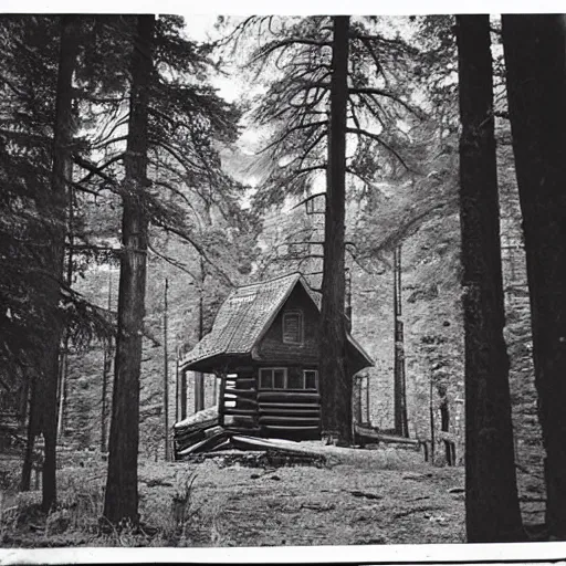 Image similar to a photo of a Eerie cabin in the middle of the woods photographed by Ansel Adams