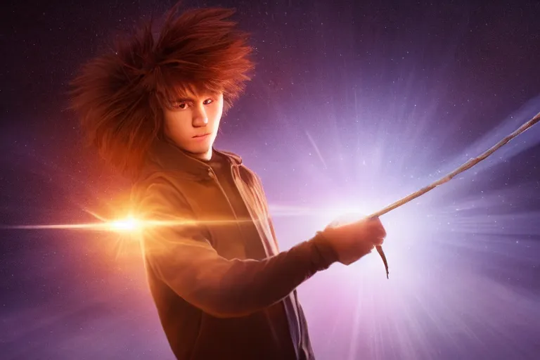 Prompt: a young adult wizard with very realistic face and hair points their wand from which a blast of bright magic flies from the end, on an empty moonlit hill, dramatic lighting, lens flare, cinematic photography