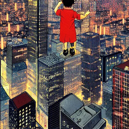 Prompt: a kid in a big city, sits on rooftop, watches a beautiful night full of stars and tech buildings, by satoshi kon and basil gogos