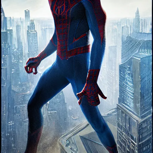 Image similar to ryan reynolds as spider - man, wearing a black and blue suit, cinematic, volumetric lighting, f 8 aperture, cinematic eastman 5 3 8 4 film, photorealistic by greg rutkowski, by stanley artgerm, by alphonse mucha