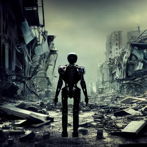 Image similar to dark picture of a metalic terminator exoskeleton walking on a destroyed city, 8 k, uhd, gloomy background, golden hour, 5 0 0 mm