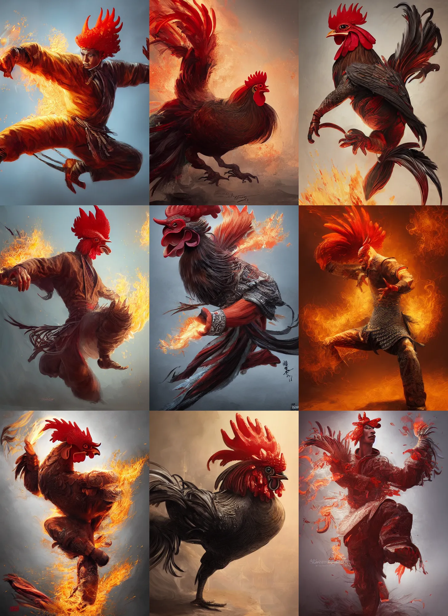 Prompt: rooster flaming kung - fu, full shot, intricate, elegant, highly detailed, digital painting, artstation, concept art, sharp focus, illustration, aleksi briclot, rutkowski