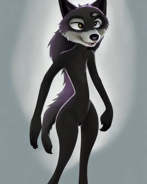 Prompt: full body oil painting of anthromorphic furry female wolf, in style of zootopia, female fursona, furry, furaffinity, 4 k, deviantart, furry art, fursona art, wearing black business suit, wearing black business suit, wolf fursona, female, very expressive detailed feminine face,