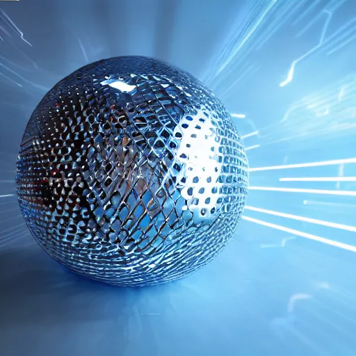 Image similar to chrome orb surrounded by short glowing rods, blue tones, octane render, cinematic, dramatic lighting, beautiful cgi, redshift renderer, splash page, graphic design