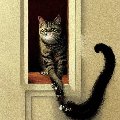 Prompt: house cat eating a vine in the living room next to a door by greg rutkowski