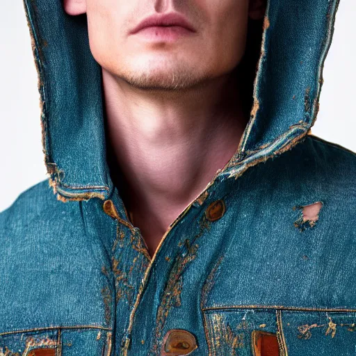 Prompt: an award - winning closeup editorial photo of a male model wearing a teal distressed baggy medieval denim menswear jacket by alexander mcqueen, 4 k, studio lighting, wide angle lens