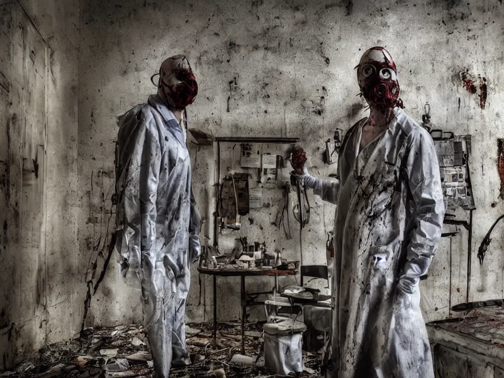 Prompt: an insane doctor in an abandoned surgery theatre, surgical scrubs, dirty, old blood stains, rusted surgery tools, creepy twisted man in a surgical gown and mask, ominous vibe, creepypasta, abandoned places, high resolution photograph