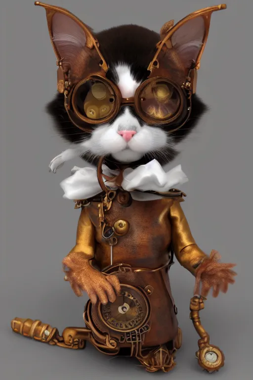 Prompt: A cute Steampunk calico cat, octane render, HD, trending on artStation, artstationHD, artstationHQ, 4k, 8K