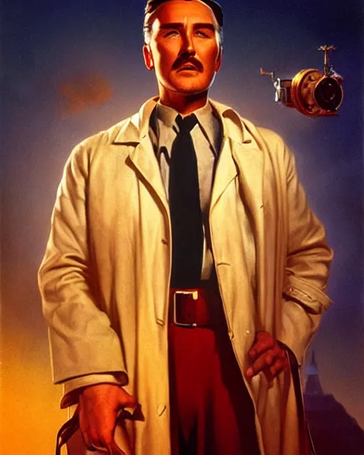 Image similar to Errol Flynn as a scientist. 1980s dystopian Soviet Russia, propaganda screens. Unreal engine, fantasy art by Rhads. Faithfully depicted facial expression, perfect anatomy global illumination, radiant light, detailed and intricate environment