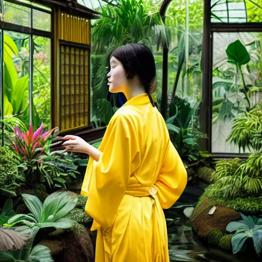 Prompt: photograph of an young woman wearing a yellow kimono in a tropical greenhouse, by james gurney, by john william waterhouse, Extremely detailed. 4K. 35mm lens