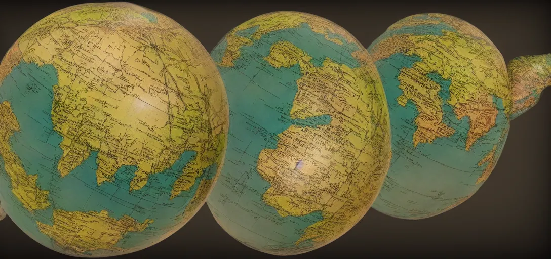 Image similar to fantasy world globe using eckert iv projection, extremely detailed, surreal biomes, fantasy, no text, 4 k