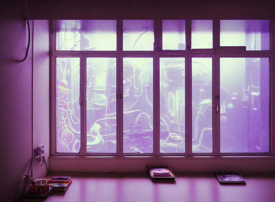 Image similar to telephoto 7 0 mm f / 2. 8 iso 2 0 0 photograph depicting the feeling of power in a cosy cluttered french sci - fi ( art nouveau ) pale cyberpunk apartment in a pastel dreamstate art cinema style. ( aquarium, shower, window ( city ), led indicator, lamp ( ( ( gym ) ) ) ), ambient light.