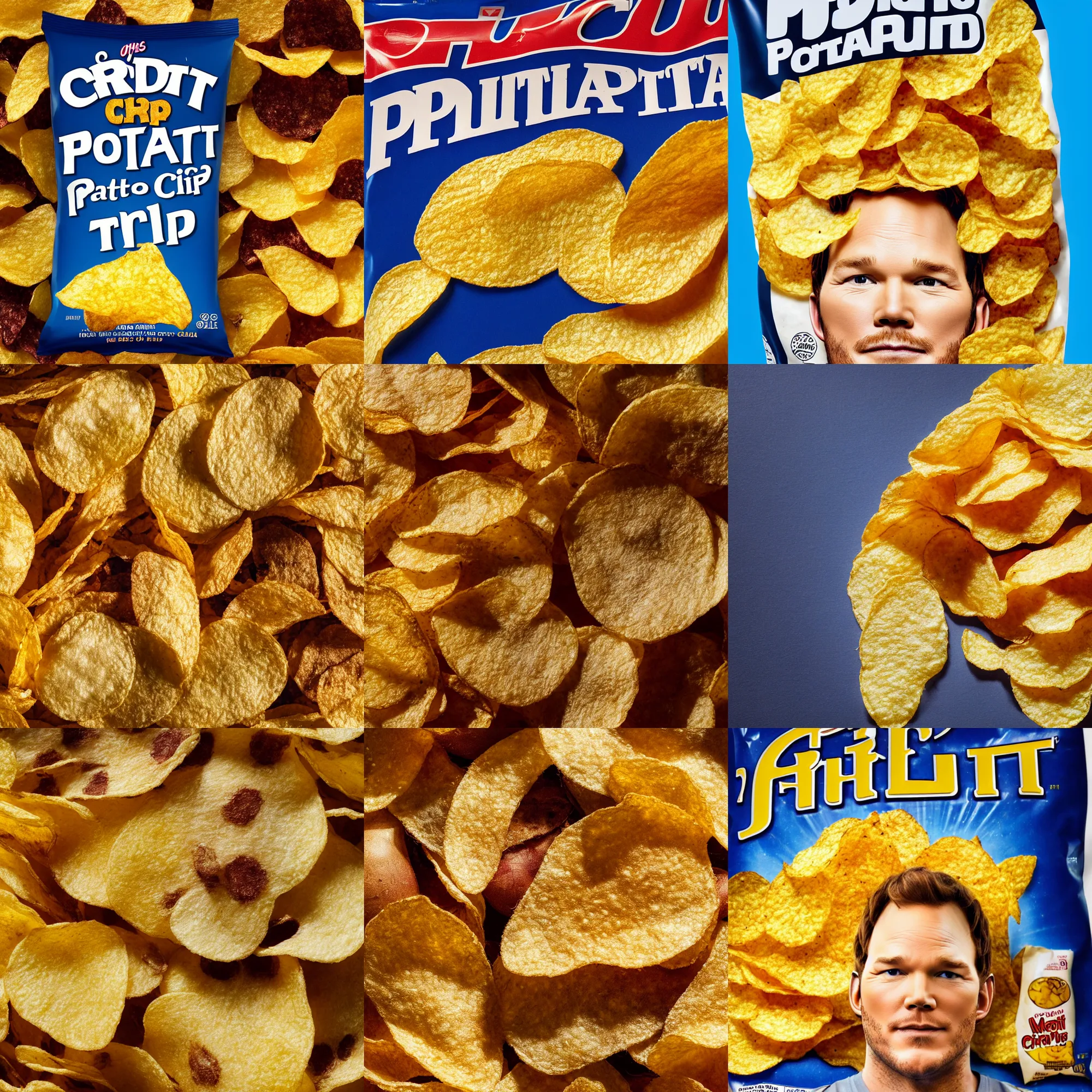 Prompt: chris pratt potato chip, chris pratt's face as a potato chip, texture, potato crisp, macro shot, high detail photo, close up